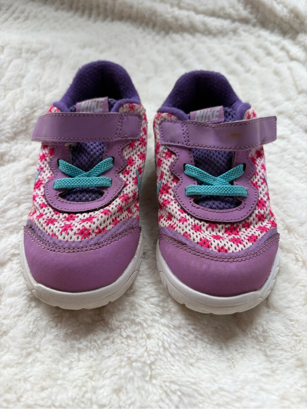 Nike Kids Purple Floral Sneakers with Teal Swoosh - Picture 2 of 6